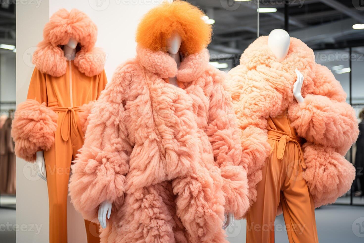AI generated Three Mannequins Dressed in Peach Fuzz color Outfits Created With Generative AI Technology photo
