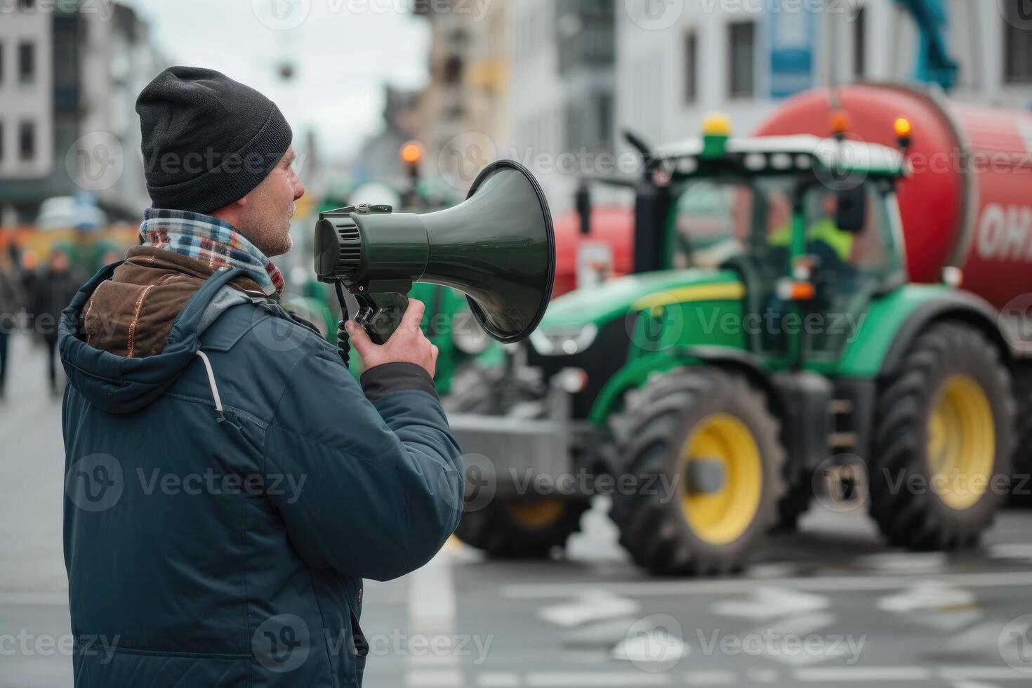 AI generated Man Holding Megaphone in Front of Tractor. photo
