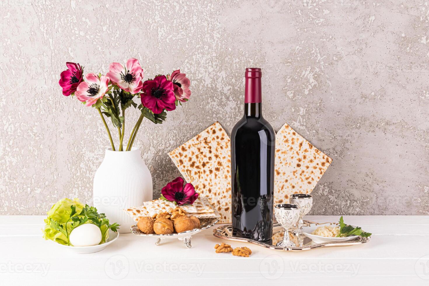 A set of traditional products for the Jewish Passover holiday. Beautiful still life. The concept of the holiday of the Jewish Passover. photo