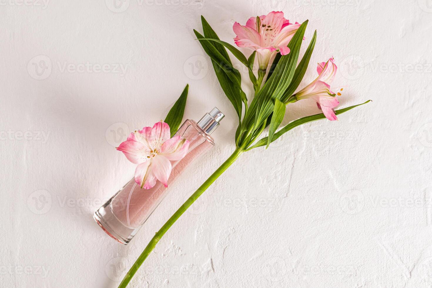 Beautiful tall bottle of cosmetic spray or women's perfume lies on white background with pink astromeria flower. Top view. a copy space. photo