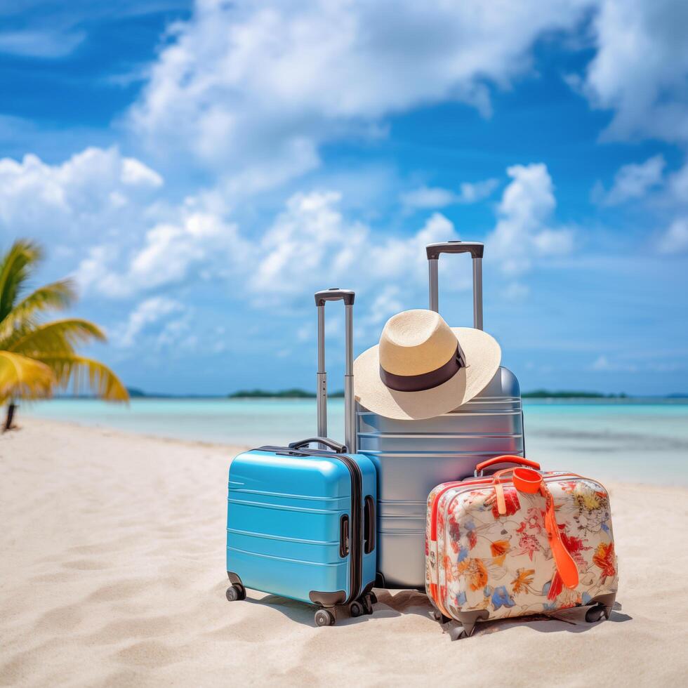 AI generated Suitcase placed on sandy beach, travel concept, AI Generate. photo