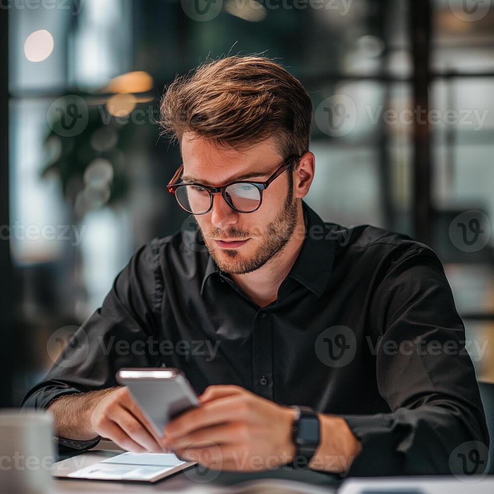 AI generated Young businessman uses a smartphone standing by the window, AI generates. photo