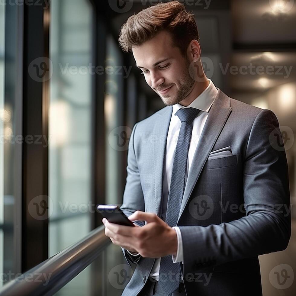 AI generated Young businessman uses a smartphone standing by the window, AI generates. photo