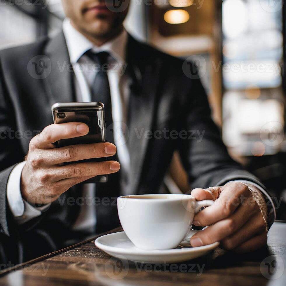 AI generated Young businessman uses a smartphone standing by the window, AI generates. photo