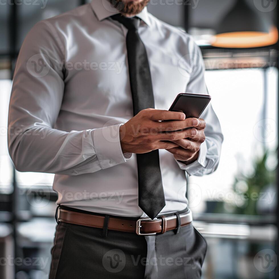 AI generated Young businessman uses a smartphone standing by the window, AI generates. photo
