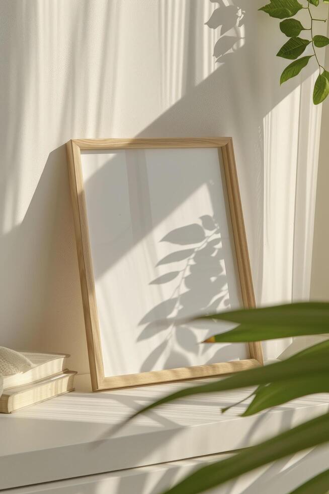 AI generated A4 Sized Wooden Frame Mockup Leaning on a White Drawer Against a Bedroom Wall, Reflecting the Soft Glow of Windows photo