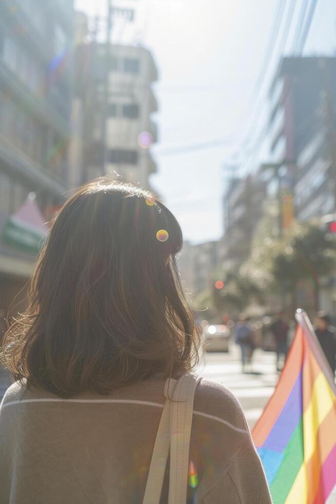 AI generated Young Japanese Woman, Back Turned, Adorned with an LGBT Pride Rainbow Flag, Amidst the Bokeh-Filled Streets of a Sunny Day Pride Parade in the City photo