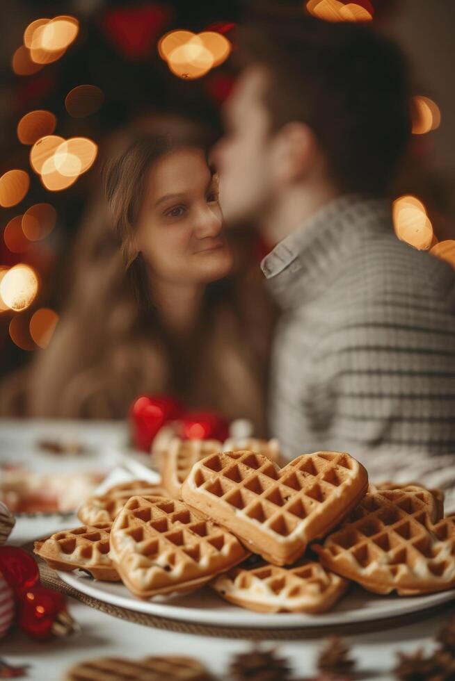 ai generado romántico desayuno, en forma de corazon gofres en un mesa conjunto para dos, un Pareja en el borde de un beso. perfectamente adornado para San Valentín día. foto