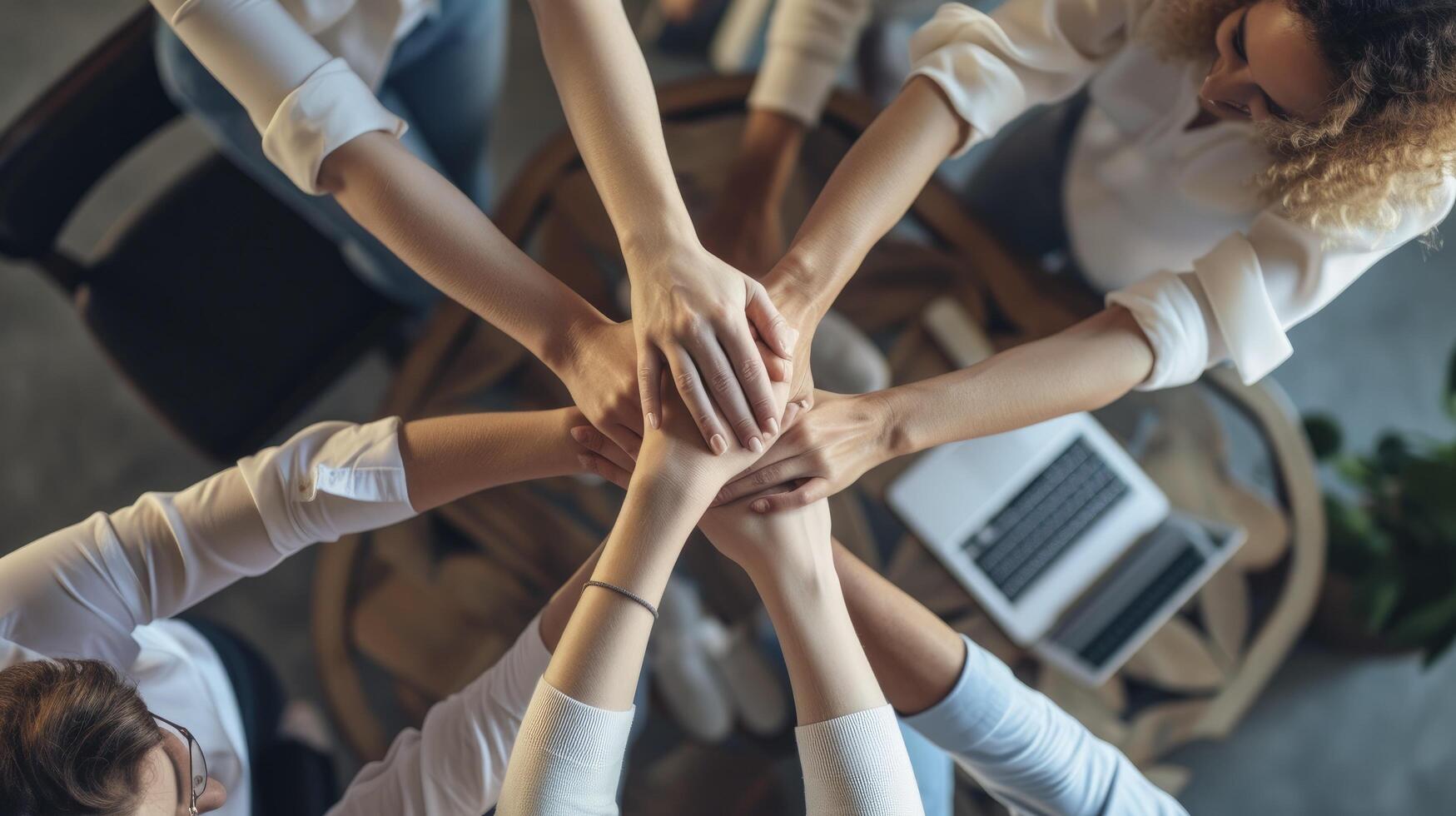 AI generated teamwork concept with business workers holding hands in the air photo