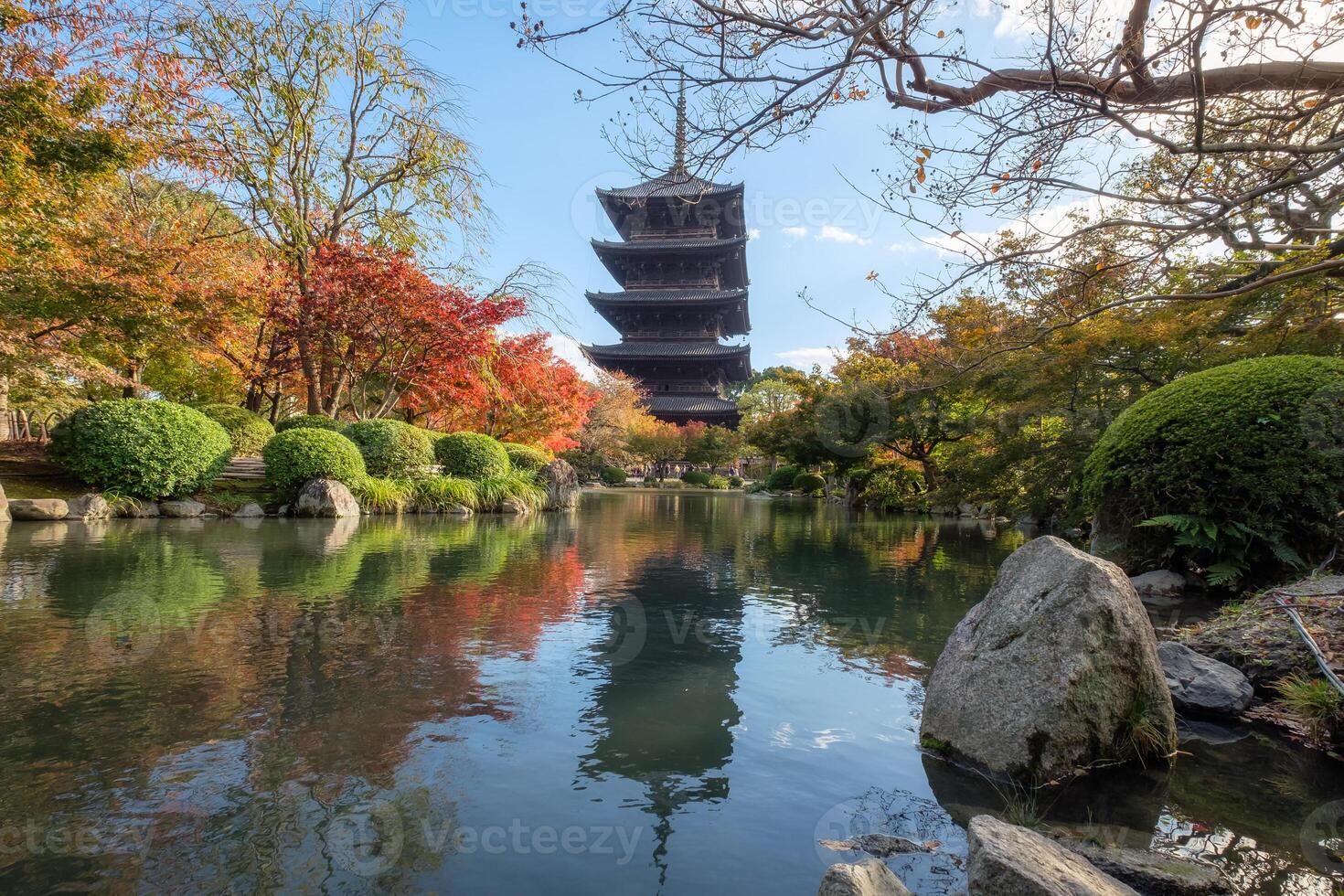 Ancient wood Toji temple of unesco world heritage site in autumn leaves garden at Kyoto photo