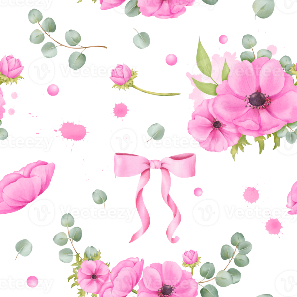 sömlös mönster terar vattenfärg blomma motiv. anemoner, silke band, eukalyptus löv, och glittrande strass. för bakgrund mönster, tapeter, textil- mönster, diy hantverk png