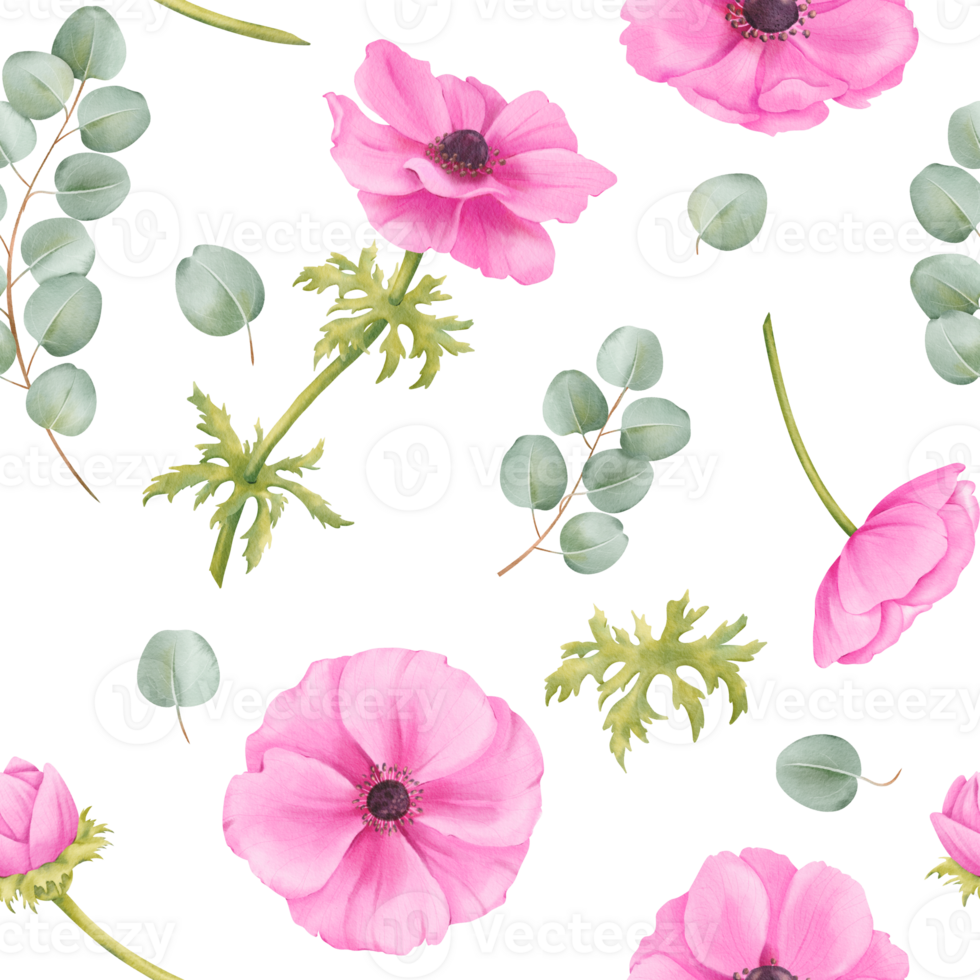 Seamless pattern. pink watercolor anemone blooms, lush green foliage, and eucalyptus leaves. Ideal for enhancing wallpapers, textiles, stationery, and packaging png
