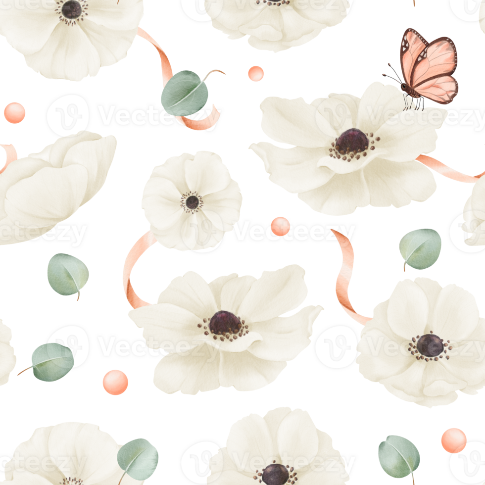 sömlös mönster terar vit vattenfärg anemoner, eukalyptus löv, satin band, och strass. textilier, webb design, tryckt material, hälsning kort, tapeter, gåva förpackning png