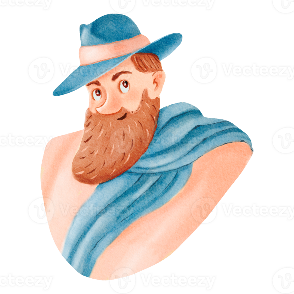 Man with blue costume hat, scarf, and beard making a gesture png