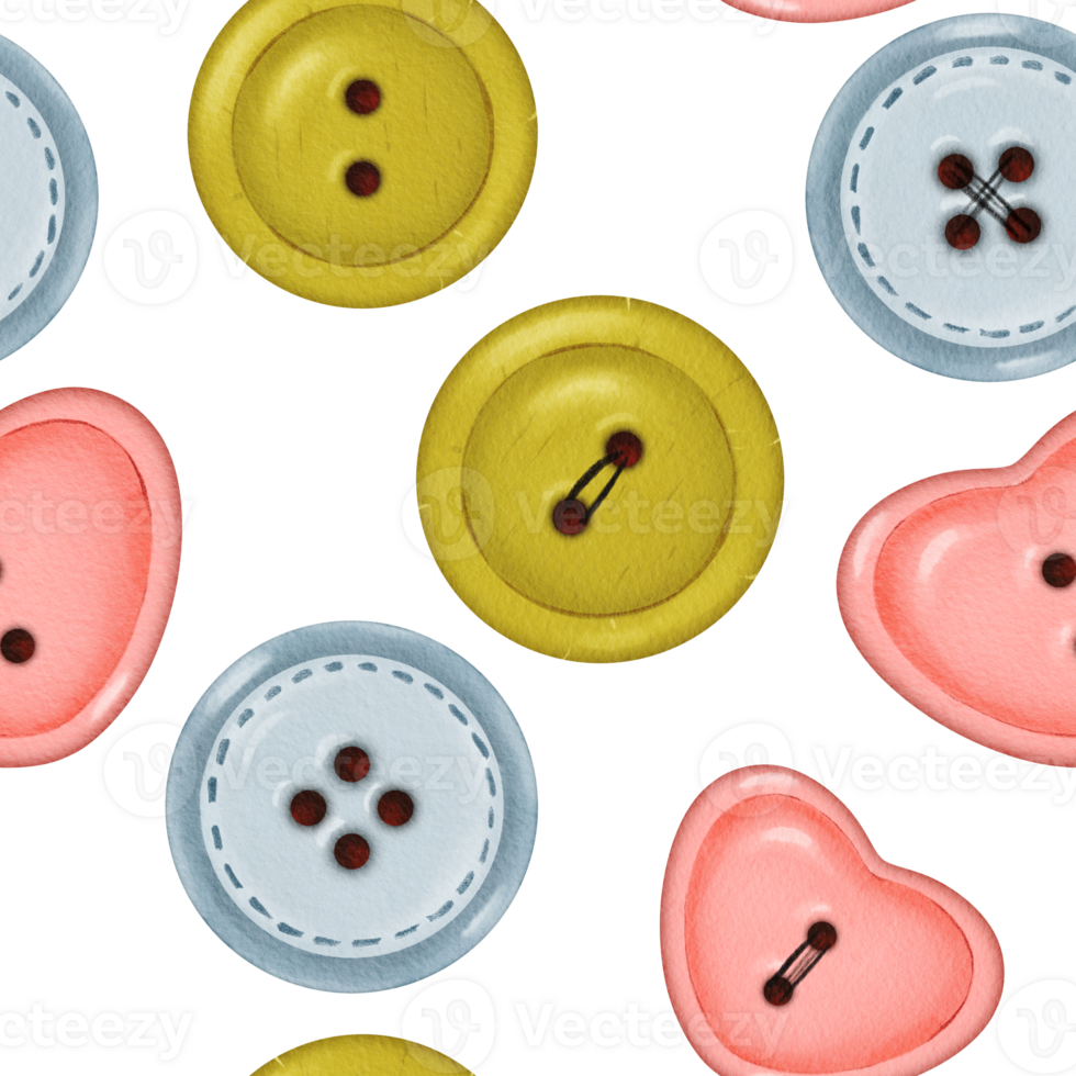 Seamless pattern of buttons in various colors. Buttons of different shapes and shades create a unique design. for decorative projects, cards, gift wrapping, and fabric items png