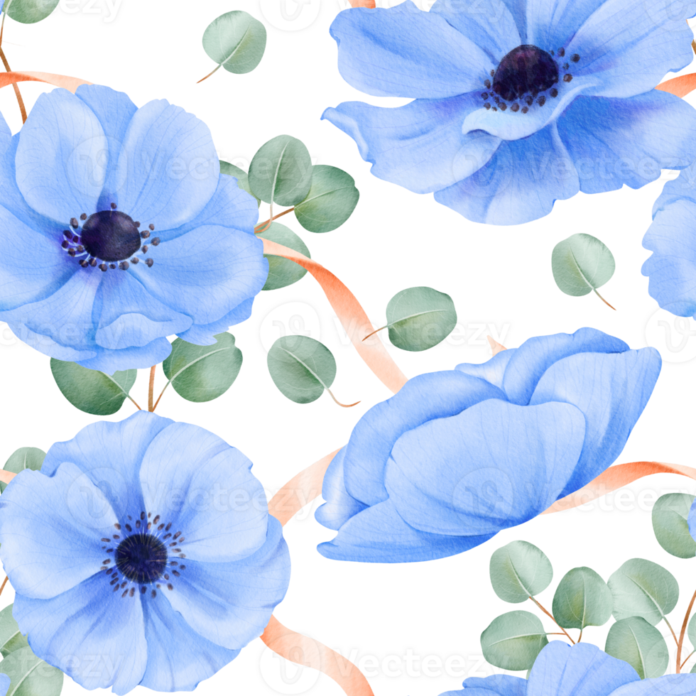 A seamless pattern featuring watercolor floral elements. blue anemones, satin ribbons, and delicate eucalyptus leaves. for fabric prints, digital wallpapers, stationery designs and decorative art png