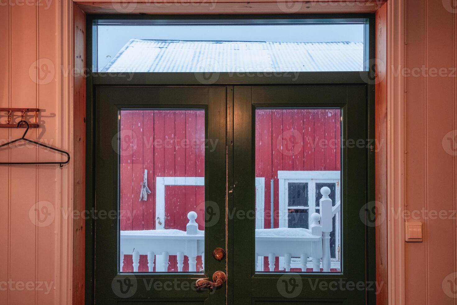 Green hardwood door closed with snowfall photo