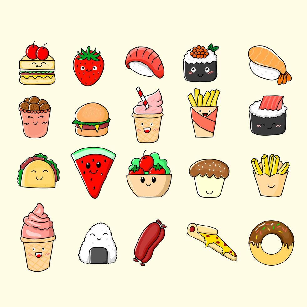 colored food icons, sandwiches, sushi, burgers, sausages, ice cream and fruit on a beige background vector