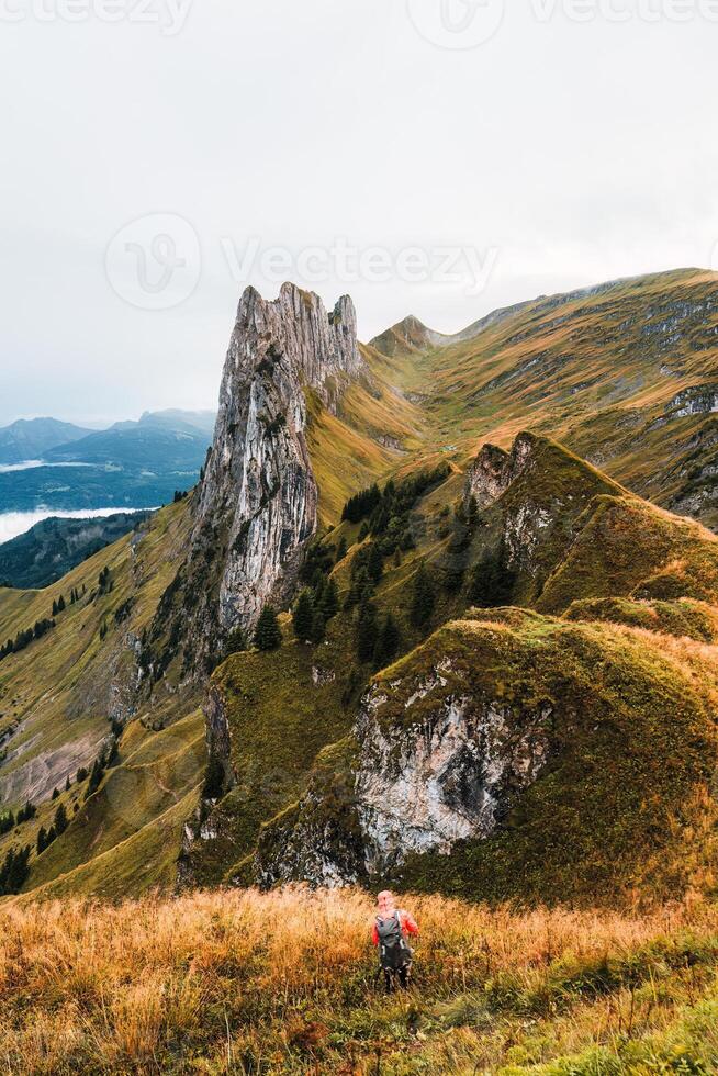 Majestic rocky mountain of Saxer Lucke in Swiss Alps during autumn at Appenzell, Switzerland photo