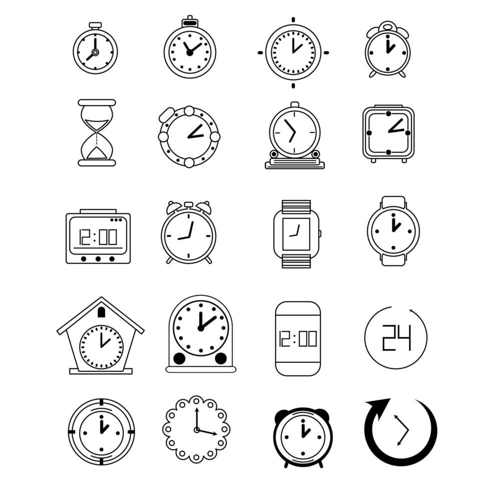 un colección de íconos con un reloj y hora tema, icono contornos con un blanco antecedentes vector