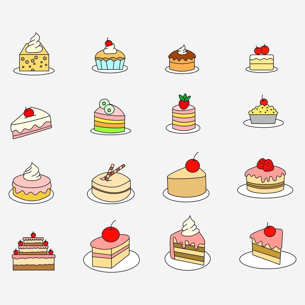 icon set of cakes and desserts, simple line art design vector