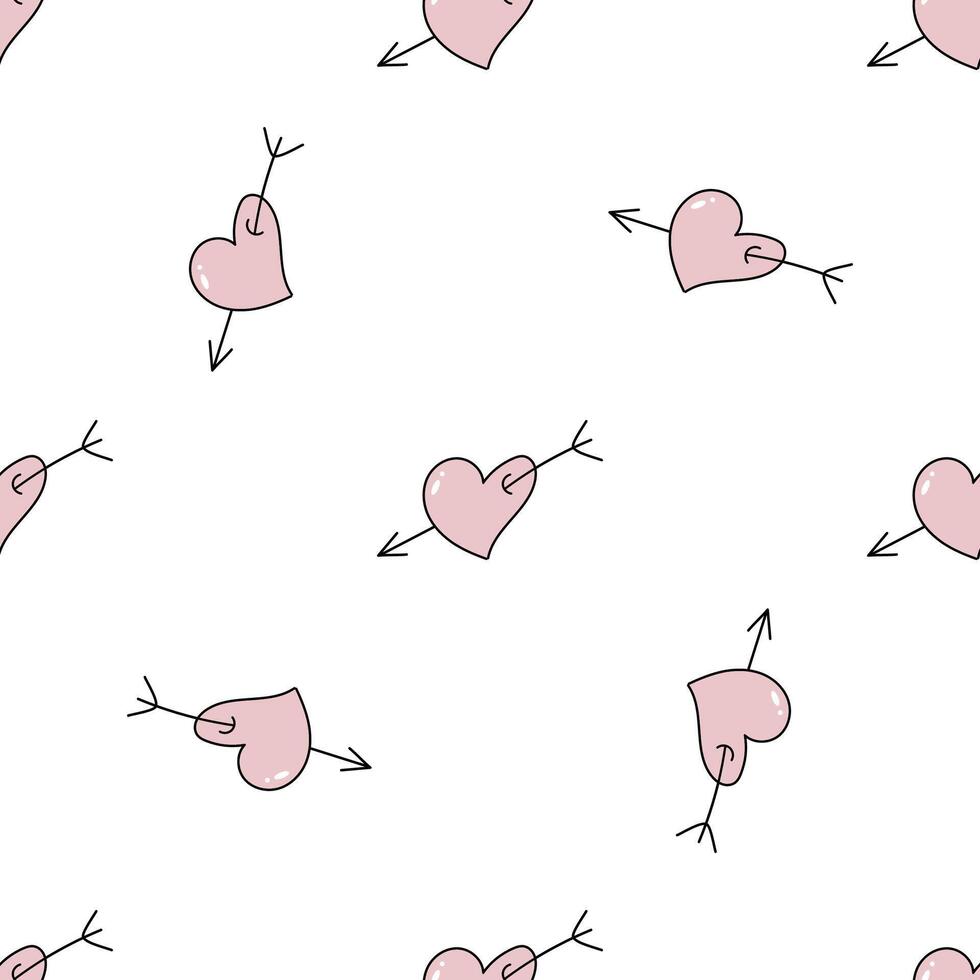 Vector cute hand drawn seamless pattern with pink hearts and arrows