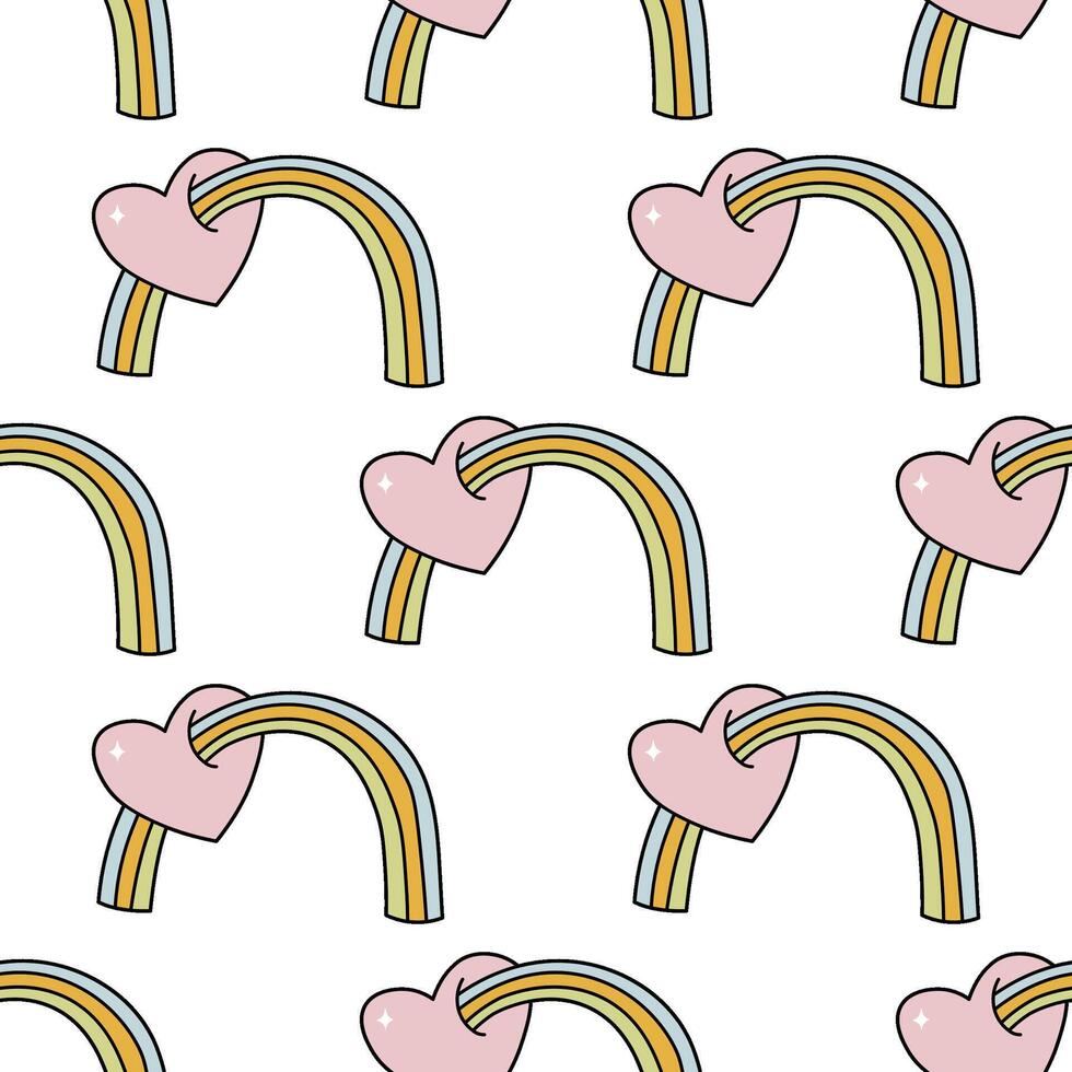 Vector hand drawn seamless doodle style rainbow and heart groovy vector pattern vector pattern