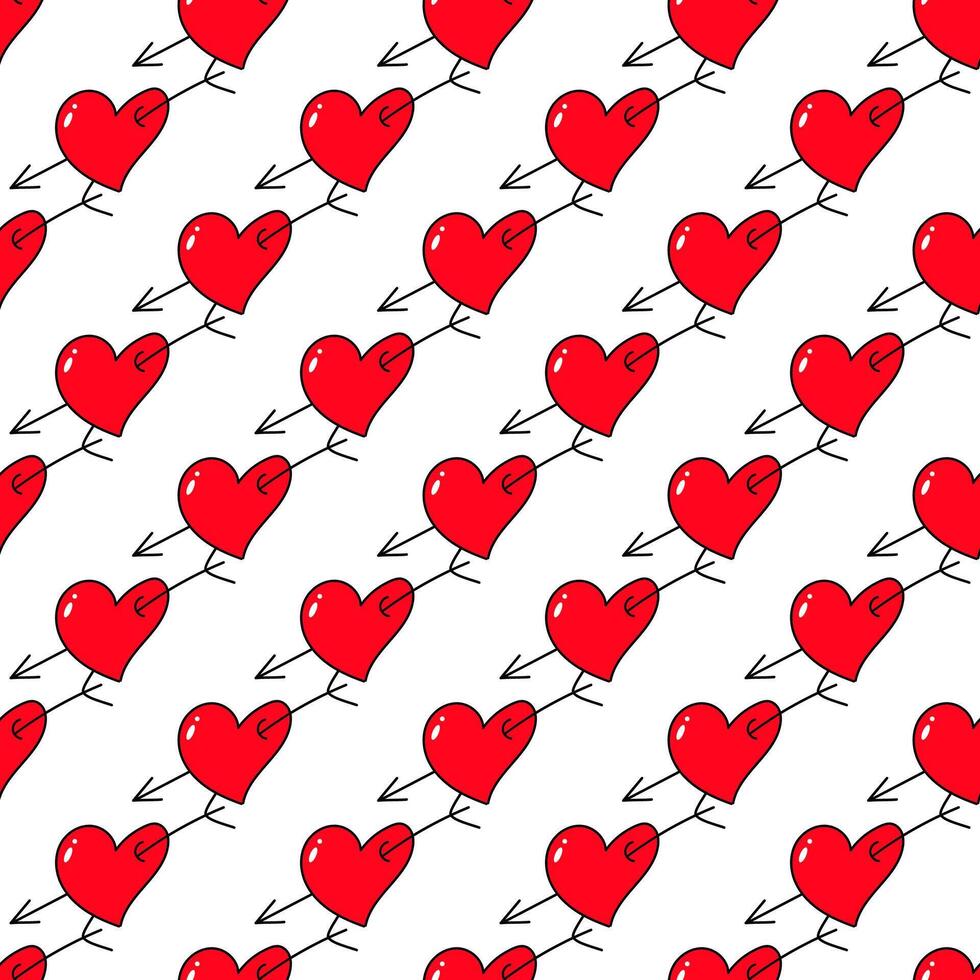 Vector cute hand drawn seamless pattern with red hearts and arrows