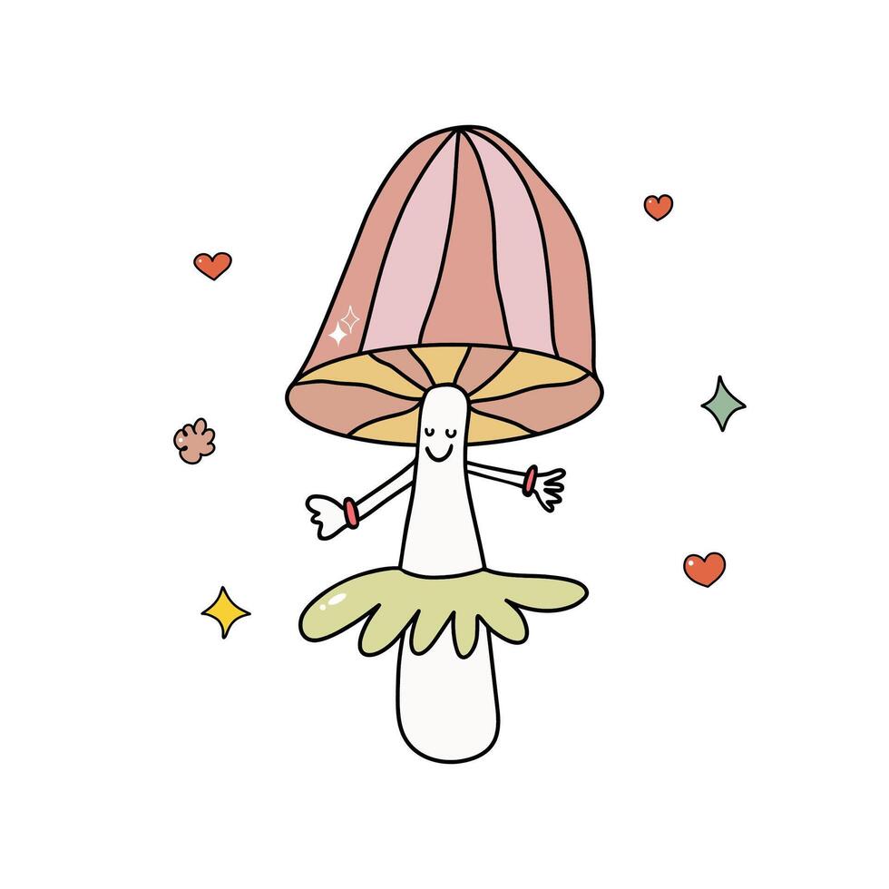 Vector hand-drawn funny cute comic character mushroom in doodle groovy style