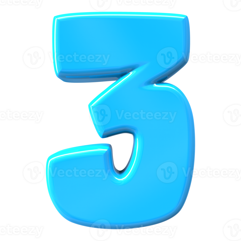 Blue Number 3 3D Render png