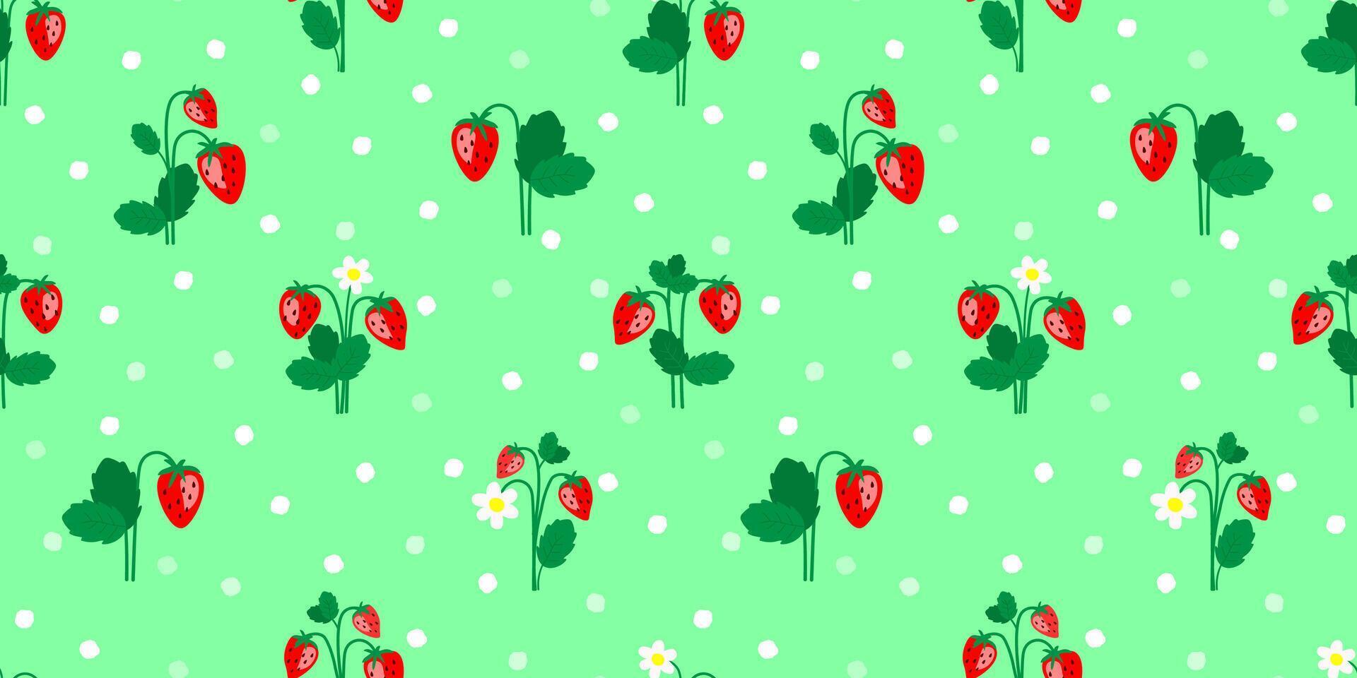 Seamless pattern with strawberries with leaves and flowers. Summer berries on a background of abstract dots. Vector graphics.