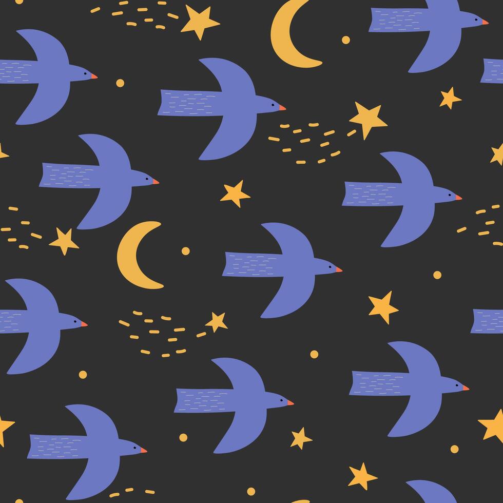 Seamless pattern with birds against the background of the night starry sky with the moon. Abstract dream print. Vector graphics.