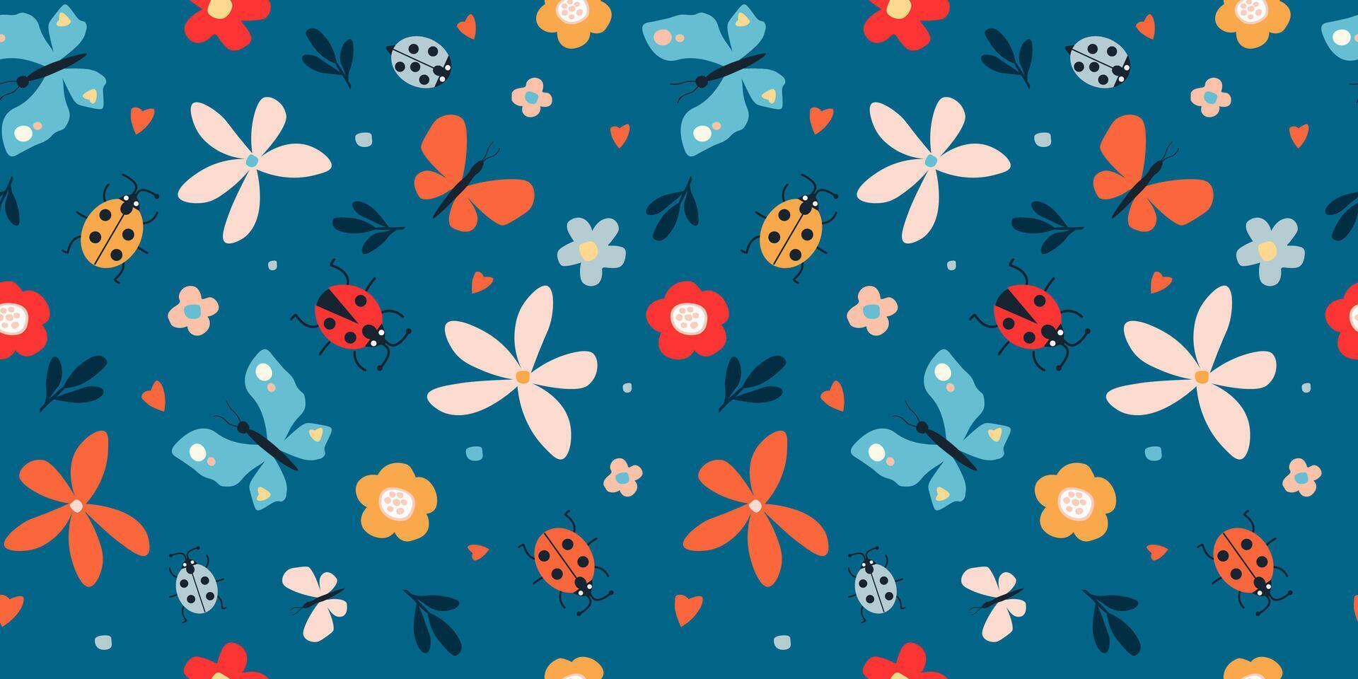 Seamless pattern with summer cute abstract hand drawn pattern. Butterflies, flowers, ladybugs, leaves on the print. Vector graphics.