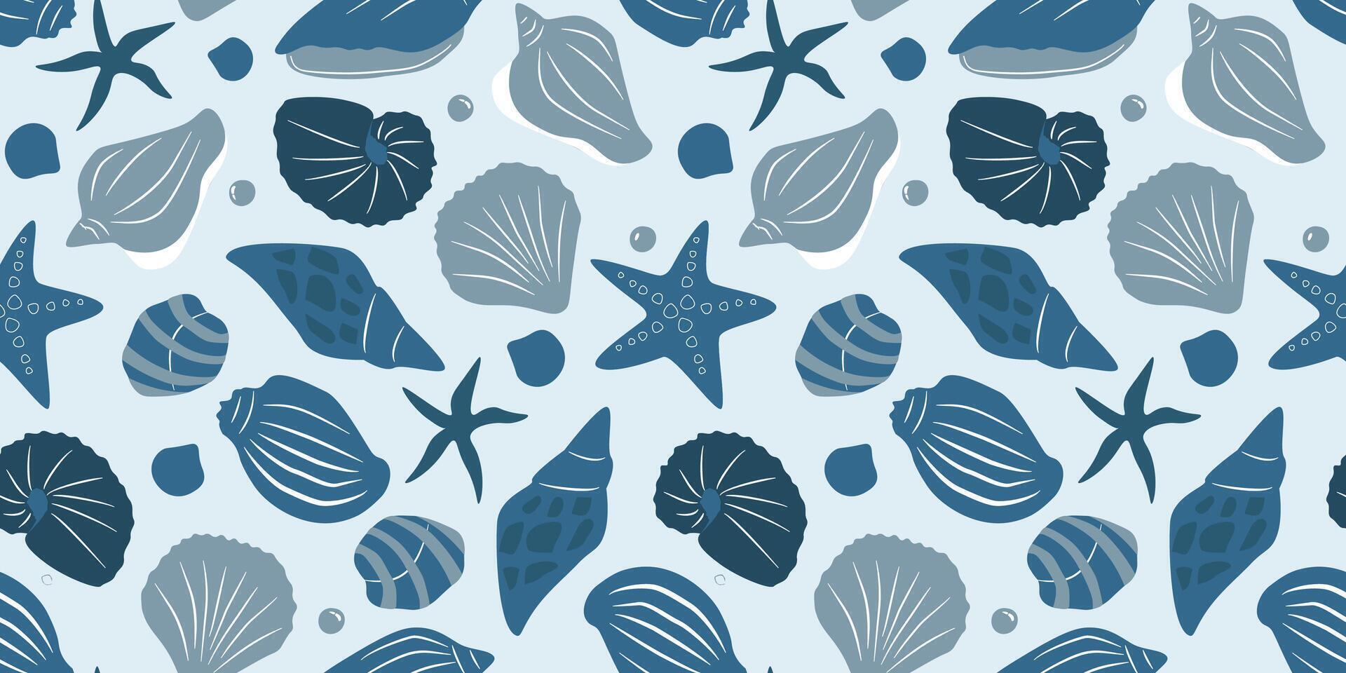 Seamless pattern with shells of different shapes, starfish, pearls. Marine abstract print. Vector graphics.