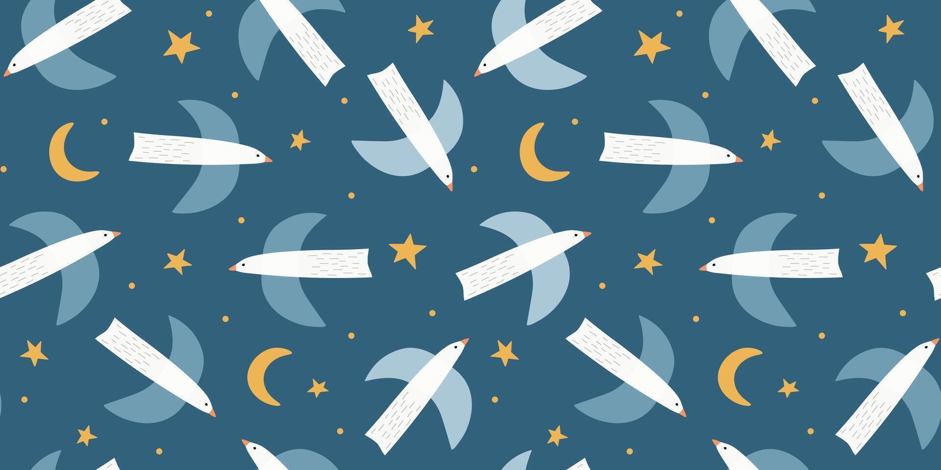 Seamless pattern with white abstract birds against the background of the night sky, stars, clouds. Vector graphics. Dream print with flying pigeons and seagulls.
