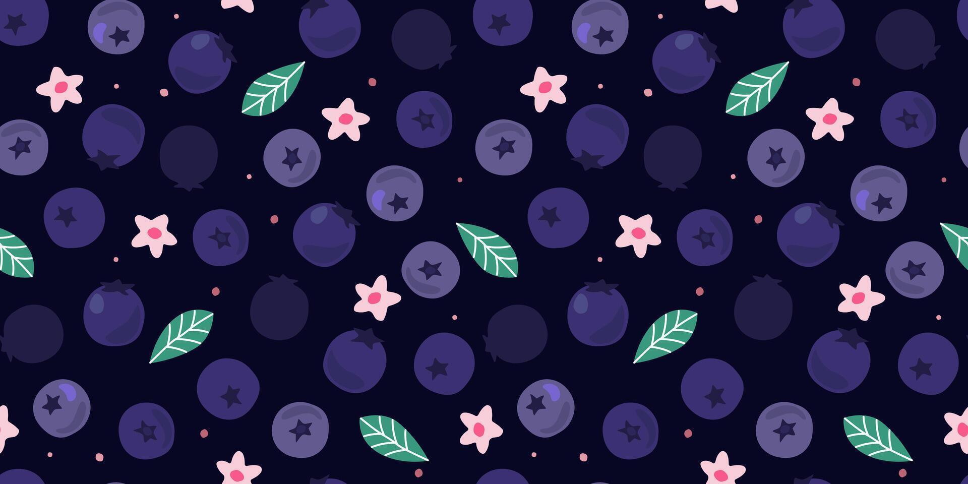 Seamless pattern with blueberries. Purple abstract berries on a background of leaves, flowers. Vector graphics.