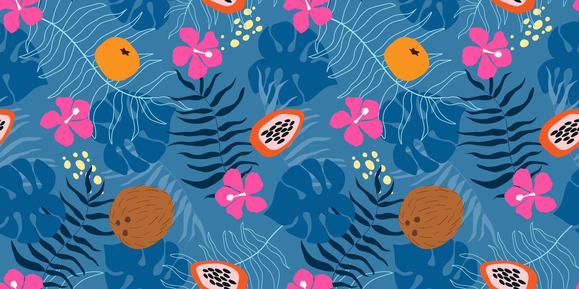 Seamless pattern with bright tropical ornaments. Jungle print with exotic fruits, flowers against a background of palm and montsera leaves. Vector graphics.