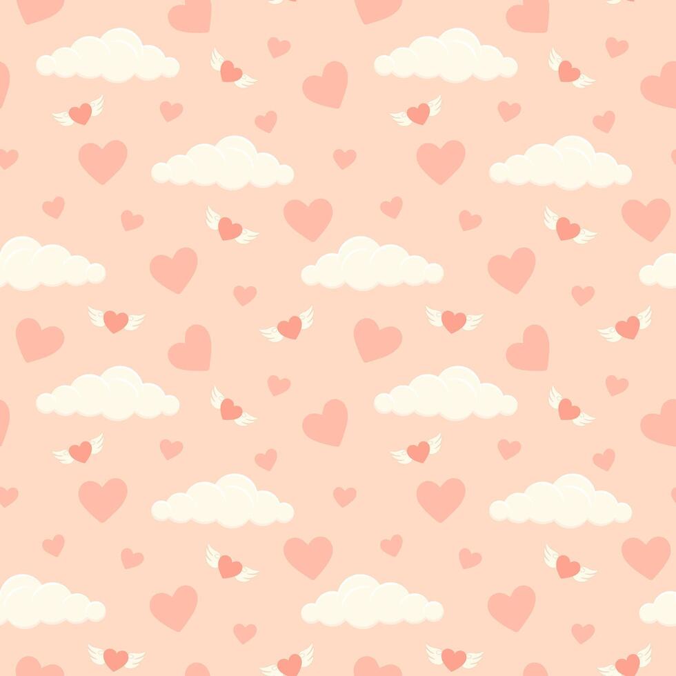 Seamless pattern with love hearts and clouds. Valentine's day pink vector illustration background. Cartoon element for holiday patterns, packaging, designs