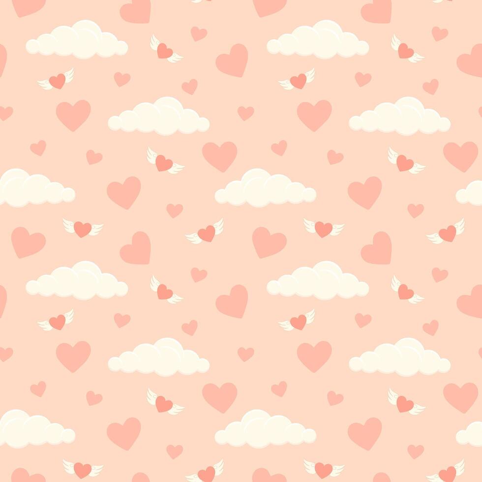 Seamless pattern with love hearts and clouds. Valentine's day pink vector illustration background. Cartoon element for holiday patterns, packaging, designs