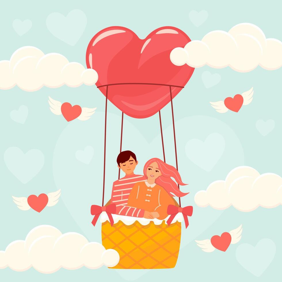 Valentine's day card with beautiful happy couple of young woman and man holding embracing each other in hot-air balloon. Romantic illustration of people dating and in love vector
