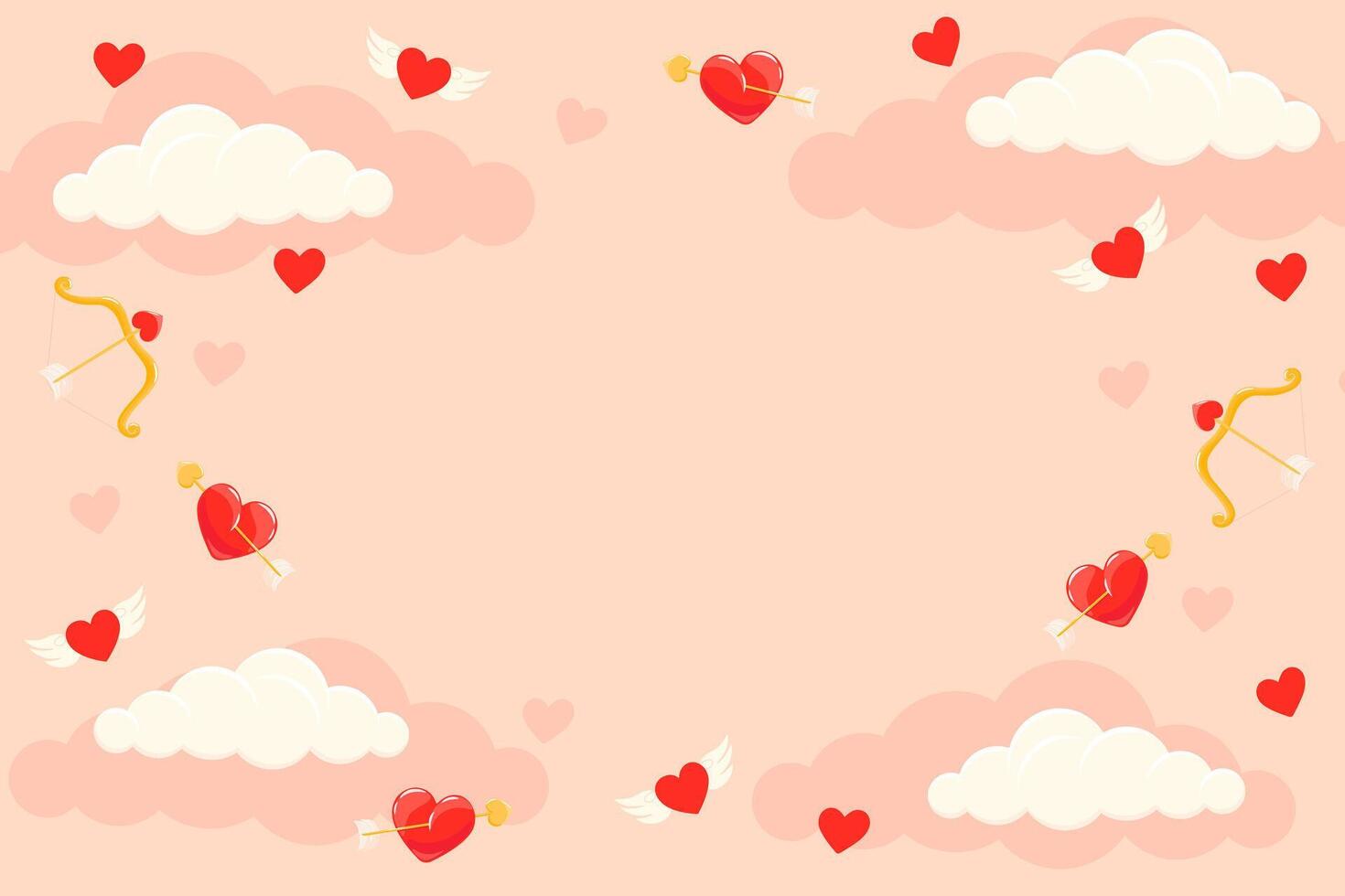 Valentine's day background with flying hearts, bow, arrow and clouds. Pink vector illustration of love. Cartoon element for holiday patterns, packaging, designs
