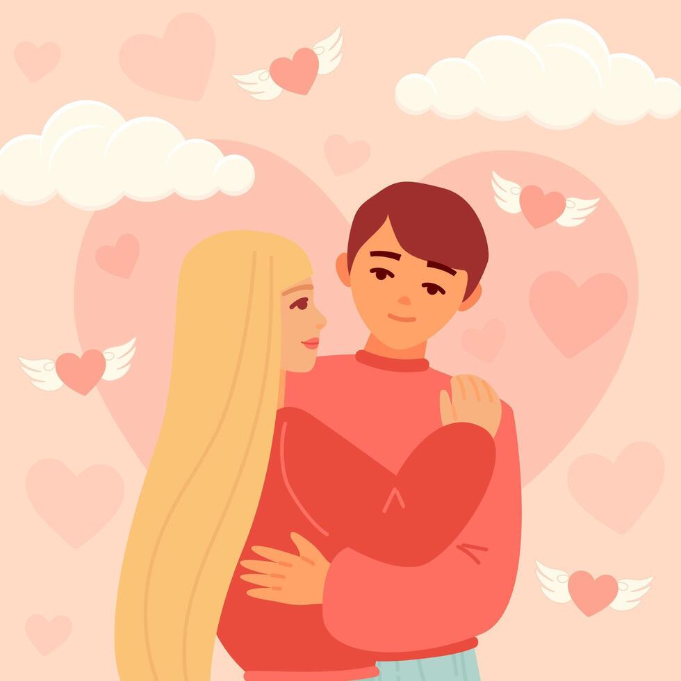 Valentine's day card with beautiful happy couple of young woman and man holding embracing each other. Romantic illustration of people dating and in love vector