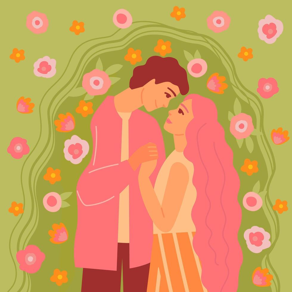 Valentine's day card with beautiful happy couple of young woman and man embracing in kiss in a bush with flowers. Romantic illustration of people dating and in love vector