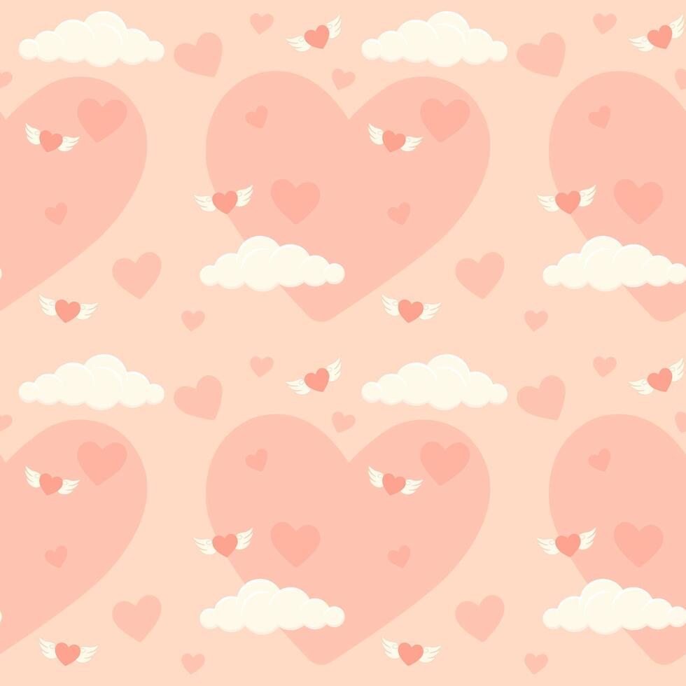 Seamless pattern with love hearts and clouds. Valentine's day pink vector illustration background. Cartoon element for holiday patterns, packaging, designs