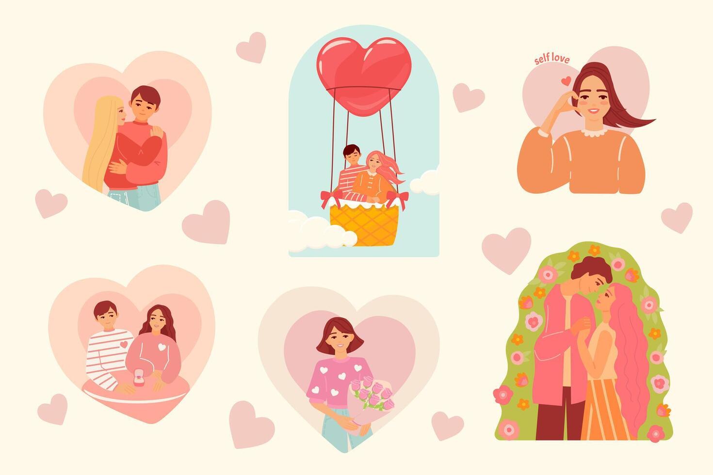 San Valentín día conjunto con hermosa parejas de joven mujer y hombre participación abrazando cada otro. dibujos animados ilustración de personas Fechado y en amor vector