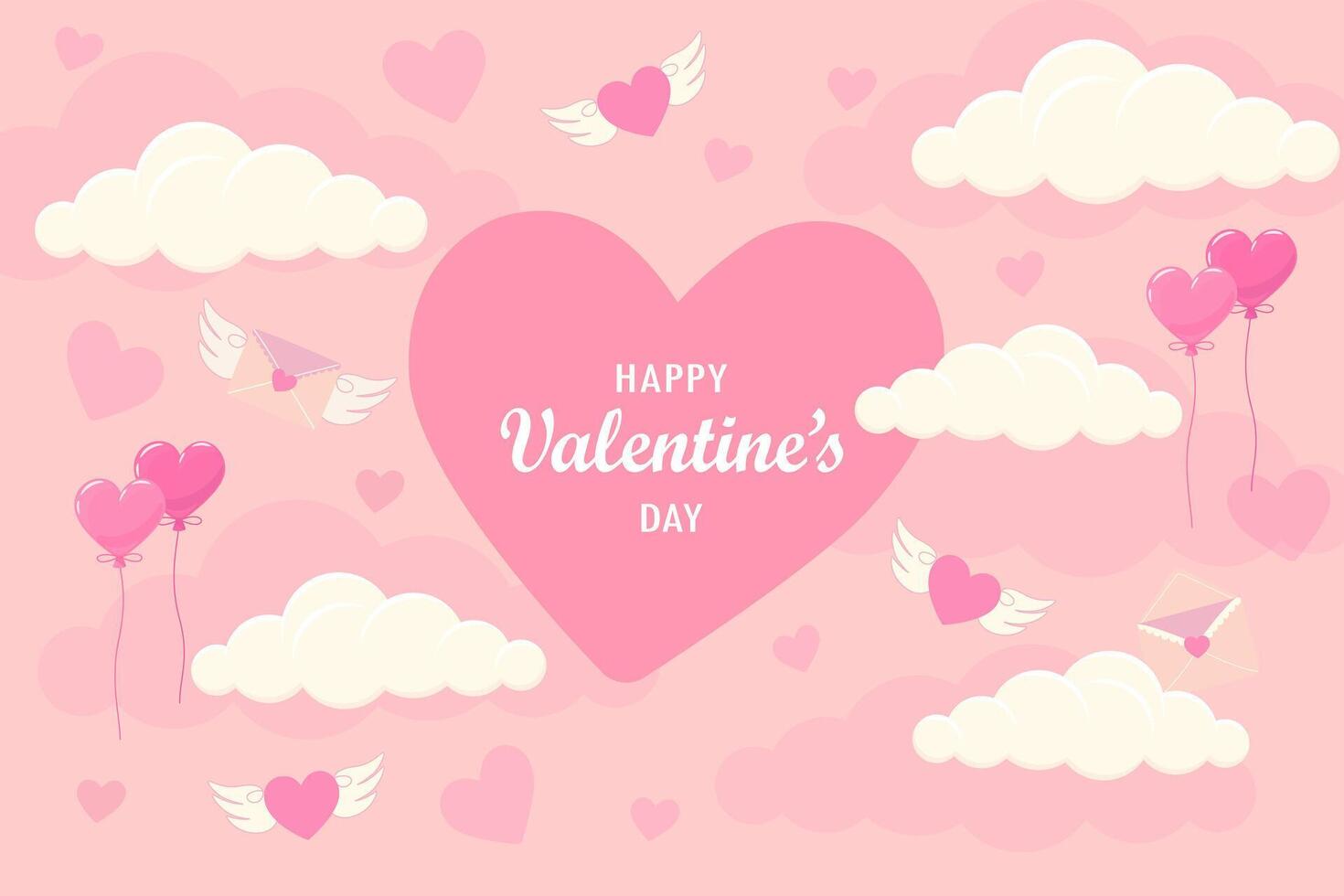 Valentine's day background with flying hearts, balloons and clouds. Pink vector illustration of love. Cartoon element for holiday patterns, packaging, designs