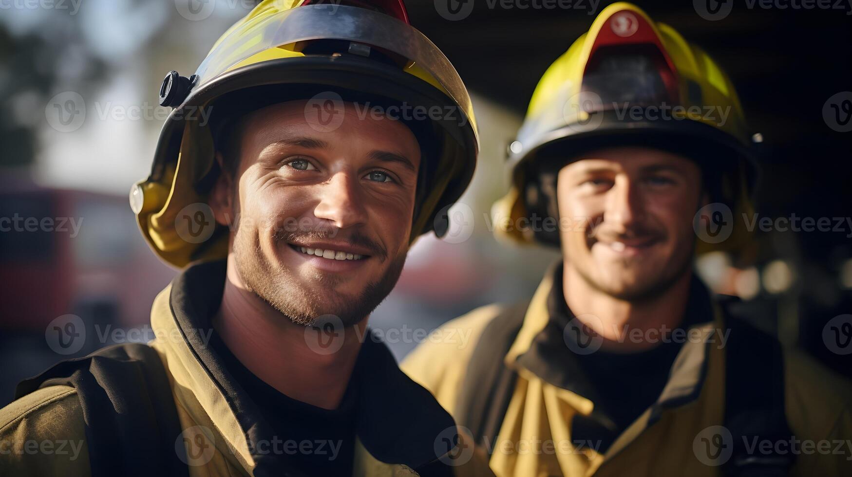 AI generated Portrait of two male firefighters on duty, generative AI photo