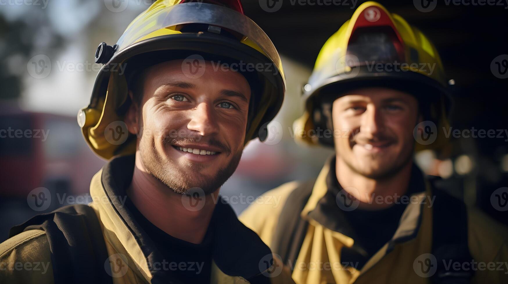 ai generado retrato de dos masculino bomberos en deber, generativo ai foto