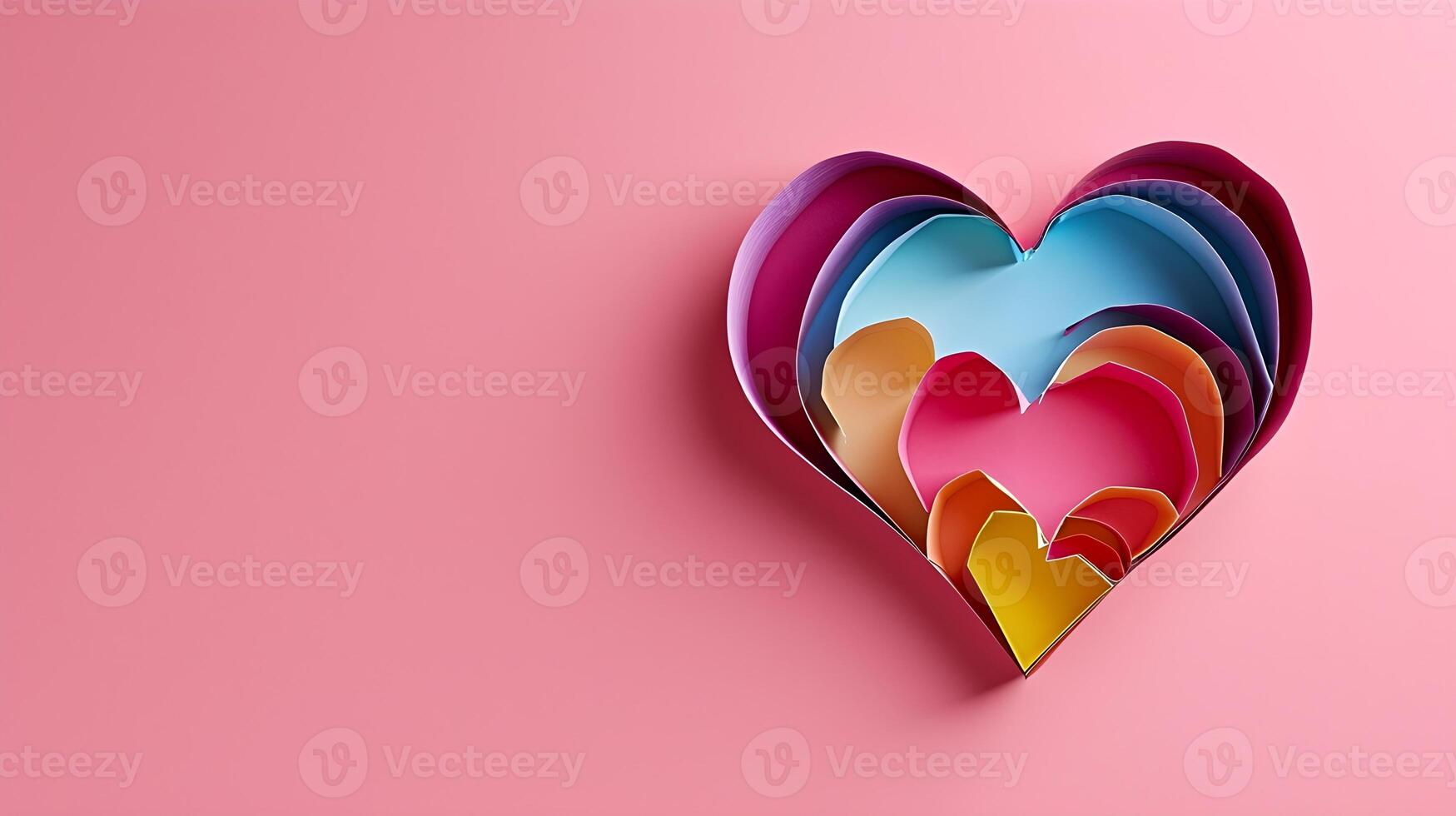 AI generated Top view of a colorful paper heart shape on a pink background with space for text, generative AI photo