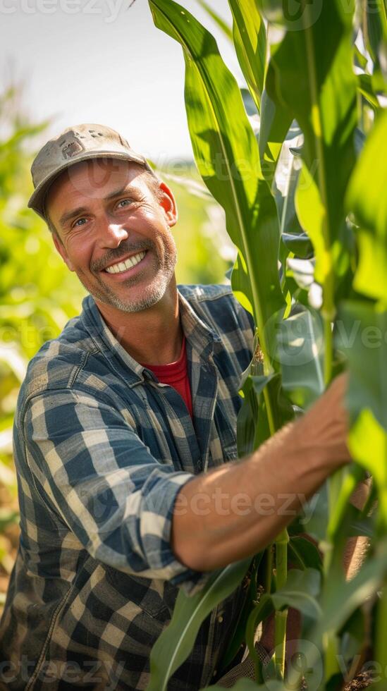 AI generated Portrait of a smiling white male corn farmer working in his corn field, generative AI, background image photo